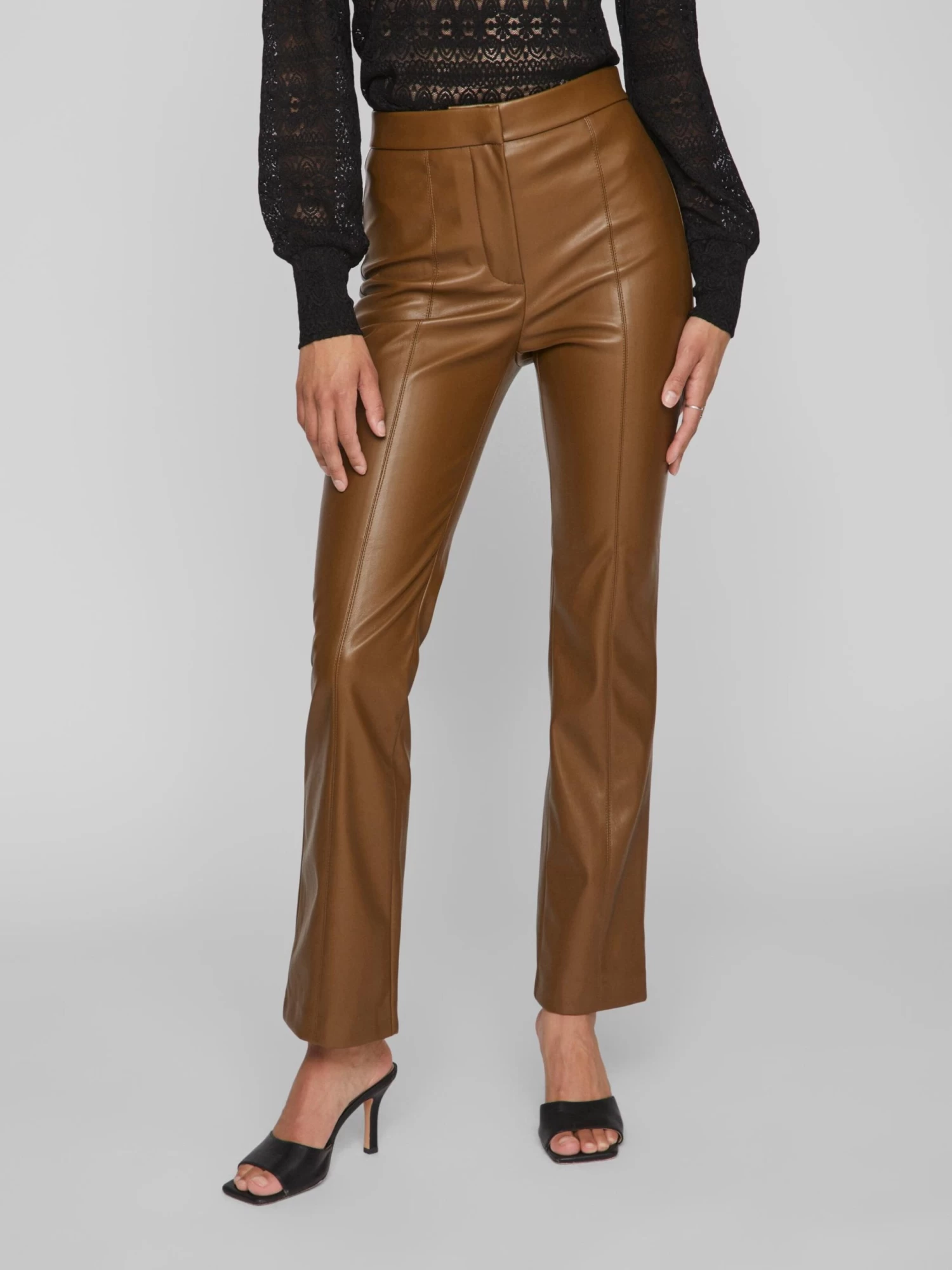 Vila Leren Broeken Flared Broek Nanna Dames Olijfgroen 5 Vila Leren Broeken Flared Broek Nanna Dames Olijfgroen - Afbeelding 3